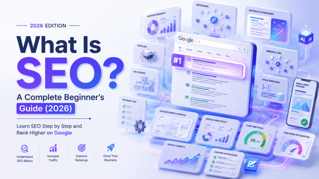 What Is SEO? A Complete Beginner's Guide (2026) showing Google search results, keyword research, website crawling, Google Analytics 4, Search Console, Core Web Vitals, and AI-powered SEO concepts.