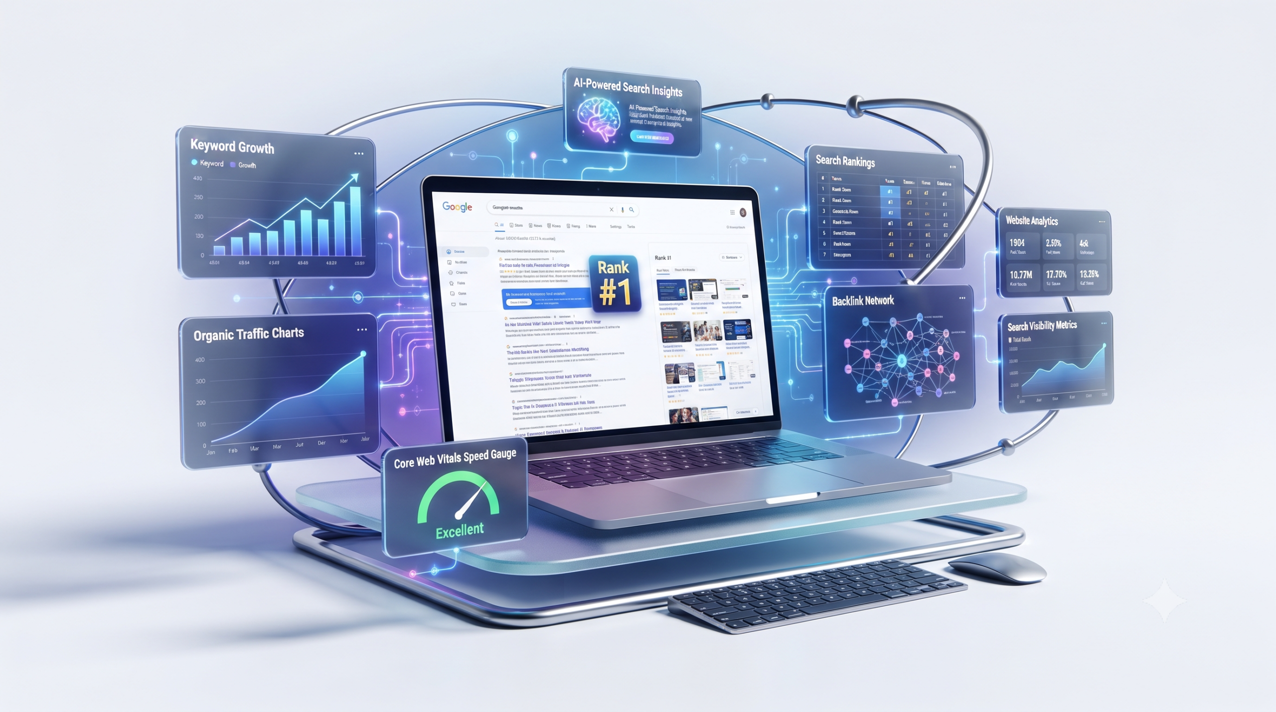 What Is SEO? Complete Beginner's Guide (2026) illustration showing Google search results, website optimization, keyword research, and SEO ranking process.
